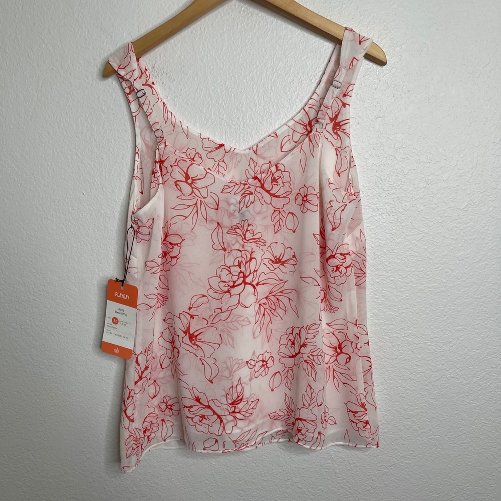 Cabi Stencil Top 6325 Womens Medium Red White Floral V-Neck Sleeveless Blouse - Picture 5 of 5